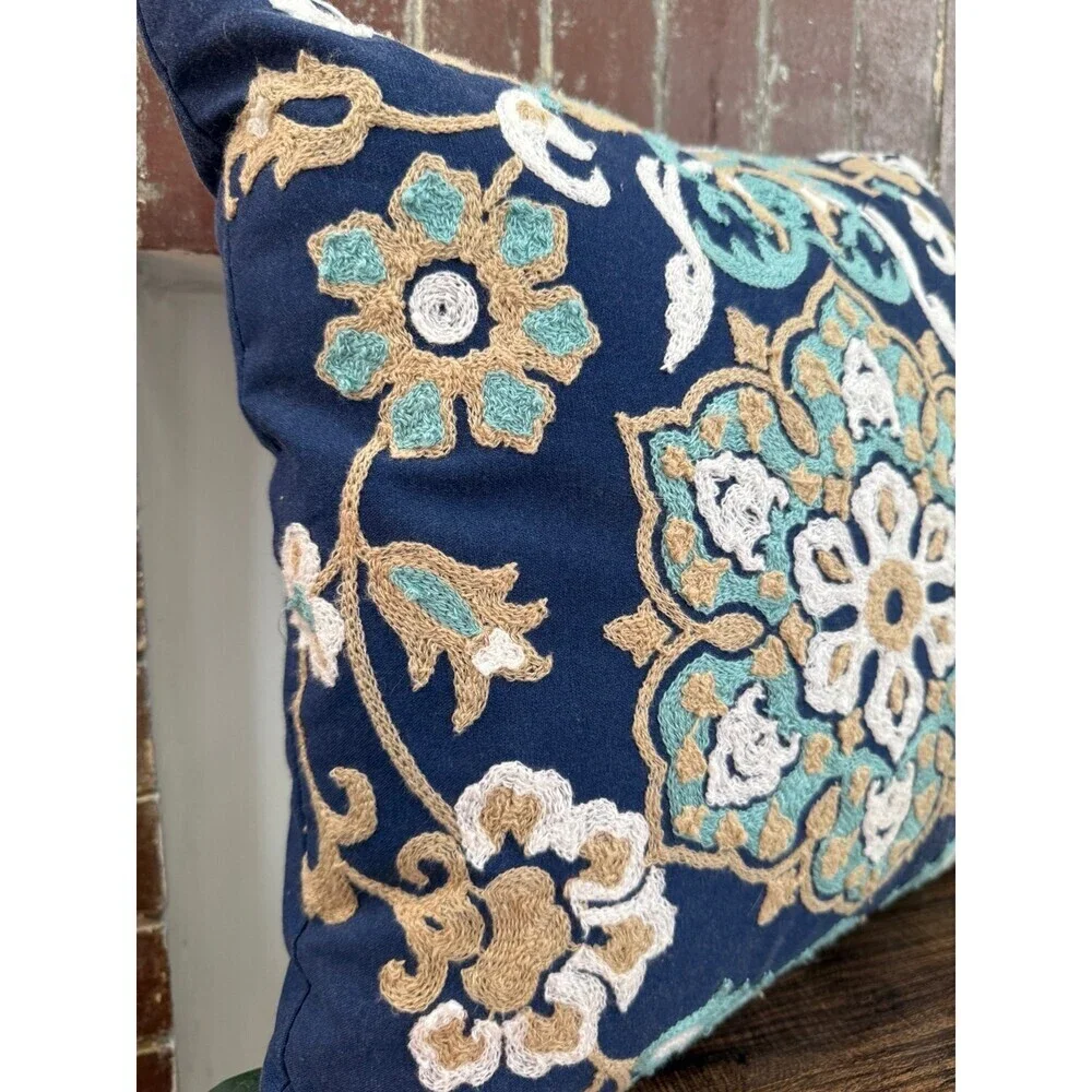 Blue floral embroidered, throw pillow